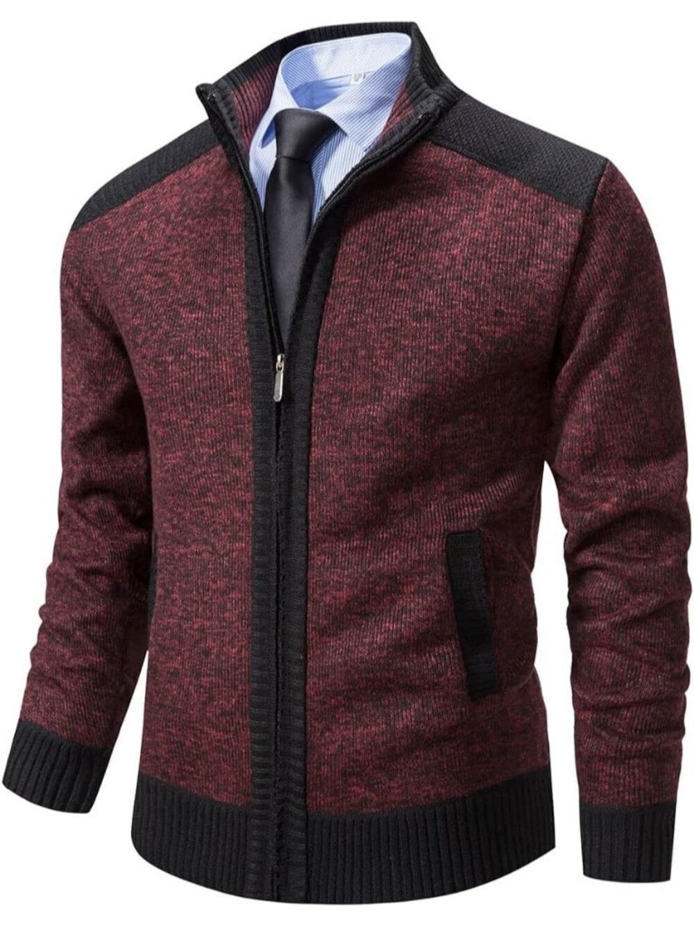 🆕Men's Wine Red Cardigan Sweaters Full Zip Knitted Zipper Stand Collar Business